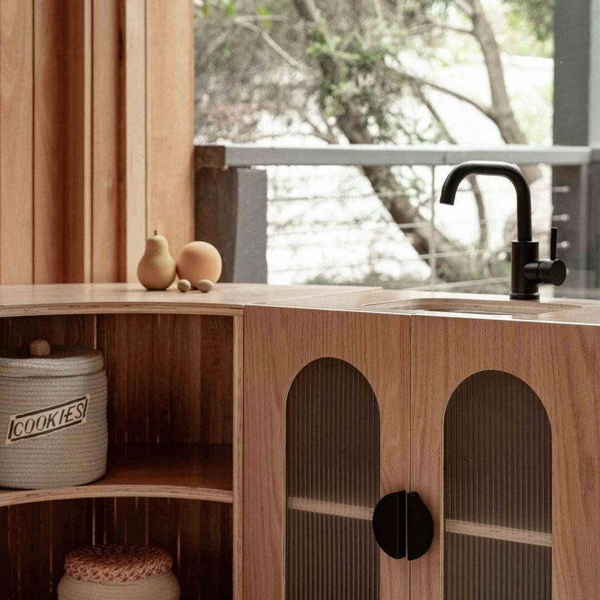 Oak Fluted Play Kitchen Set: Fridge + Sink + Oven