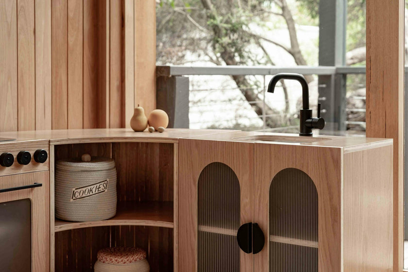 Oak Fluted Play Kitchen Set: Fridge + Sink + Oven