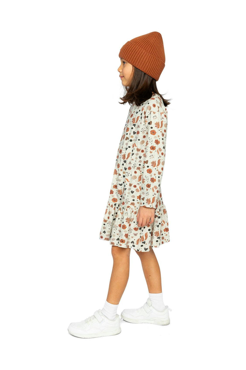 Organic Cotton Dress Beige With Squirrel Print