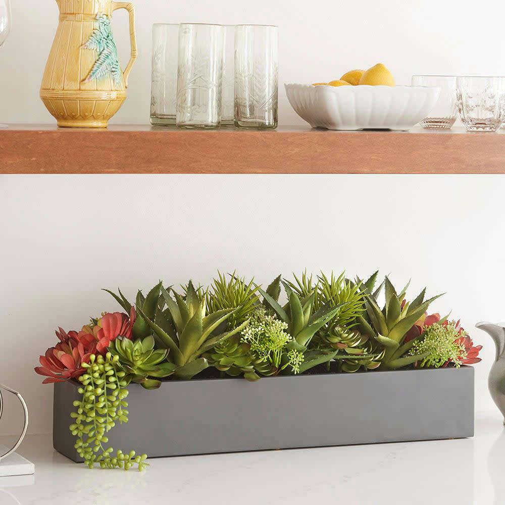 Rectangular Artificial Succulent Arrangement, Gray Planter
