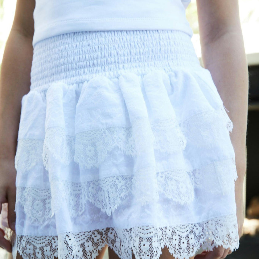 Gemma White Heart Smocked Ruffle Mini Skirt
