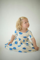 Short Sleeve Twirl Dress in Blue Dots