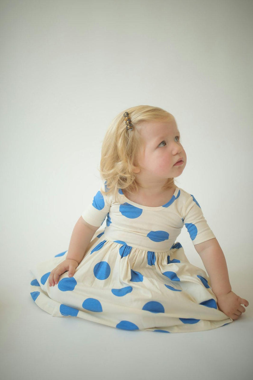 Short Sleeve Twirl Dress in Blue Dots
