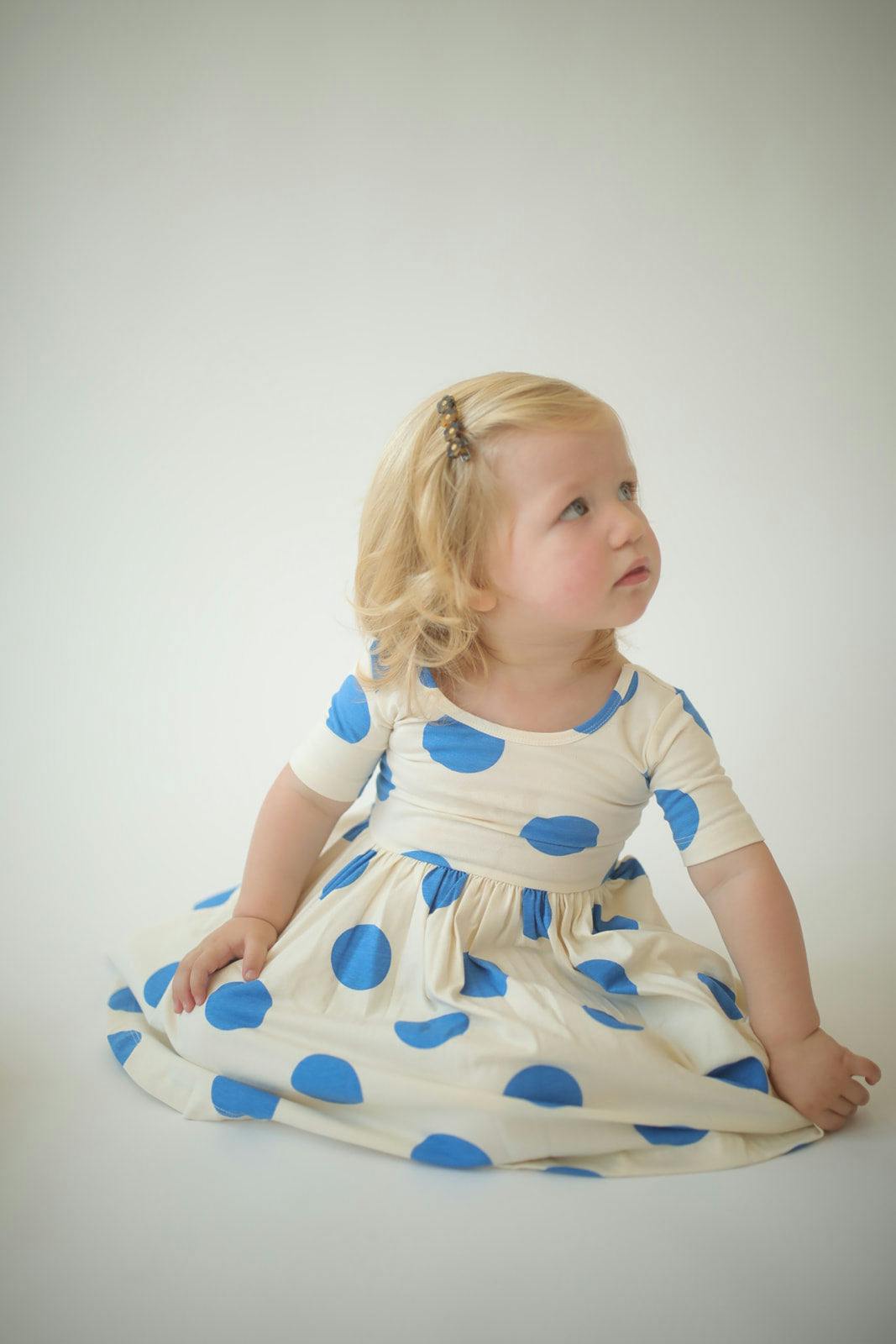 Short Sleeve Twirl Dress in Blue Dots