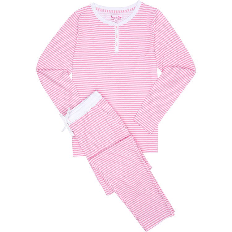 Women's Peony Jersey Long PJ Set - Pink Stripe Organic Stretch Cotton