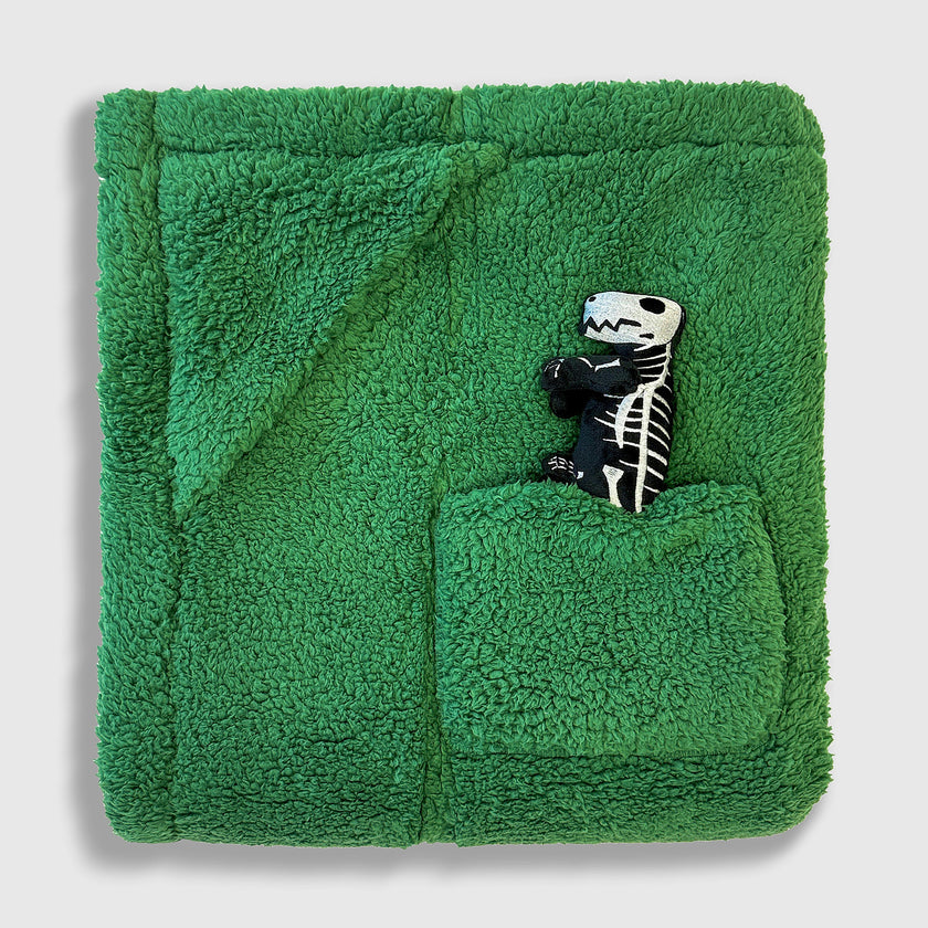 Cozy Switch Blanket – Reversible Sherpa & Glow-in-the-Dark Blanket with Plush Toy Pocket, Glow Dino Bones