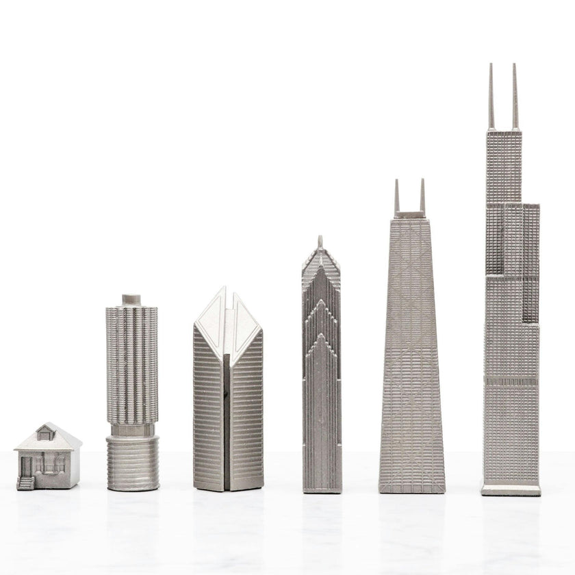 Chess Set Stainless Steel CHICAGO with Wood Map Board