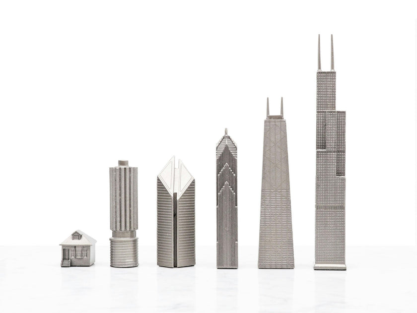 Chess Set Stainless Steel CHICAGO with Marble Hatch Board