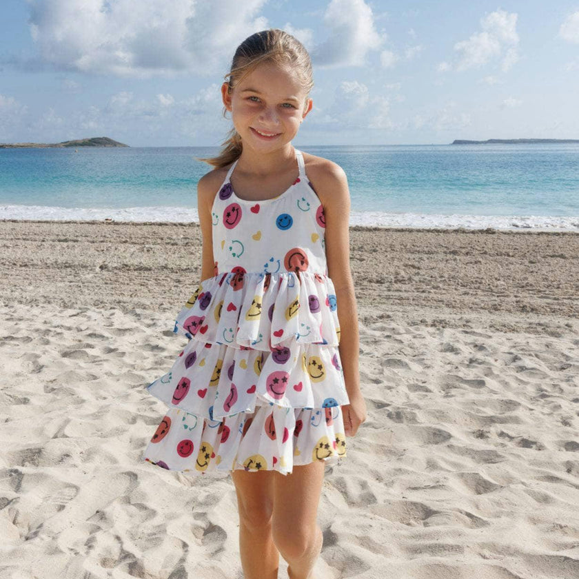 Happy Rainbow Smiley Sleeveless Ruffled Tire Dress
