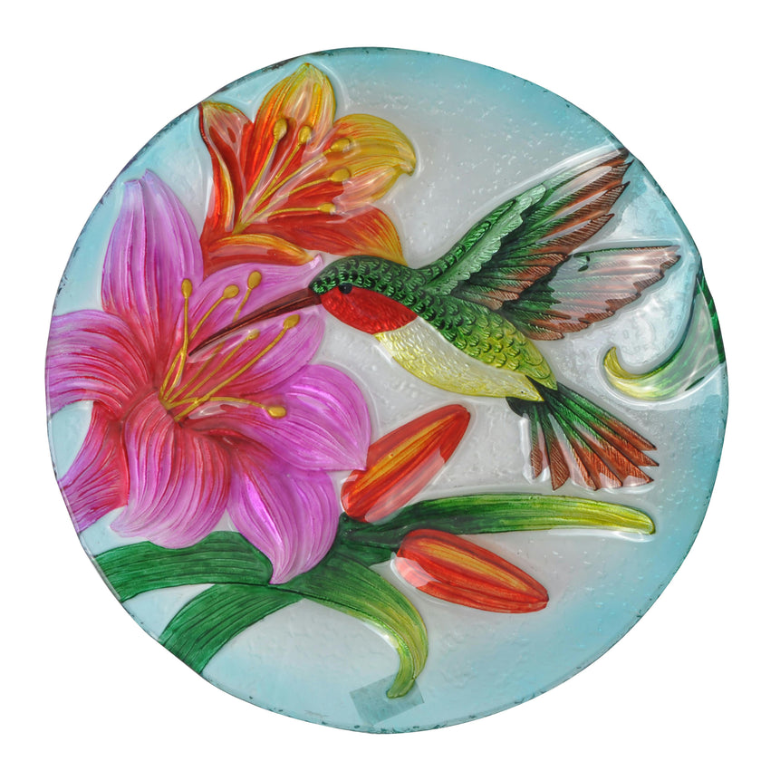 Hand painted Hummingbird Glass Birdbath with Solar LED