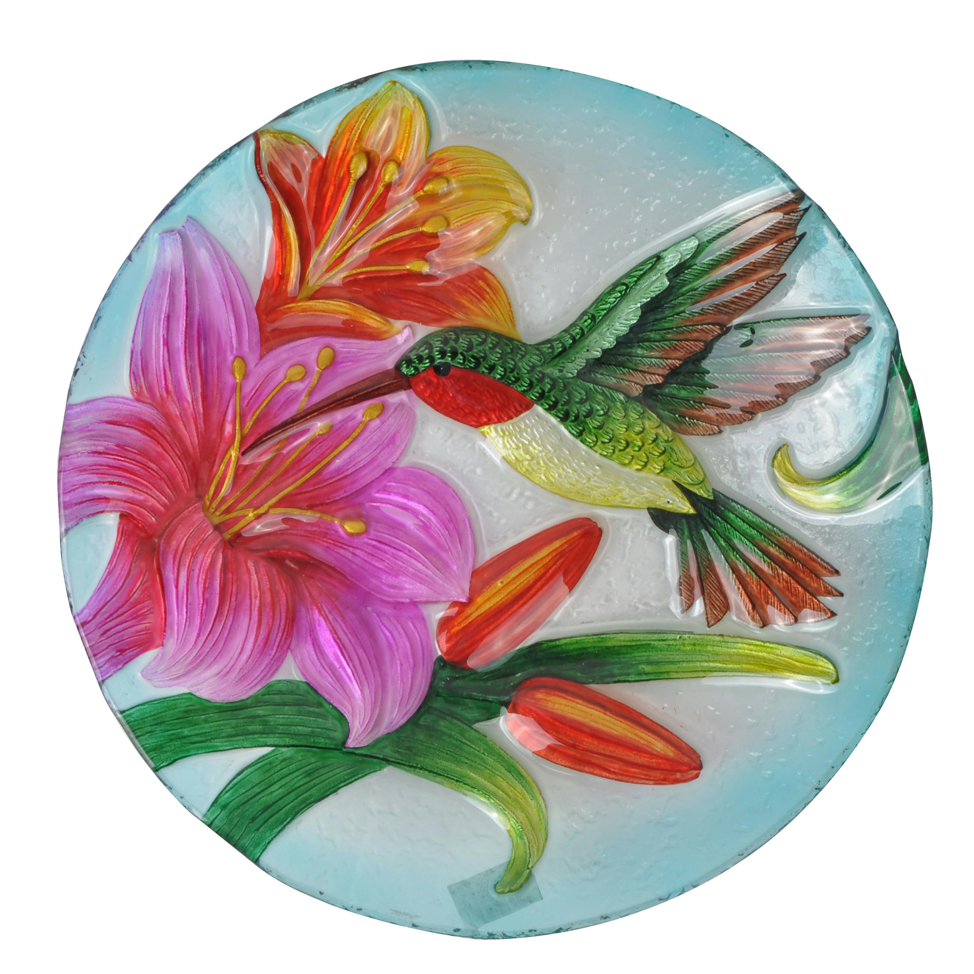 Hand painted Hummingbird Glass Birdbath with Solar LED