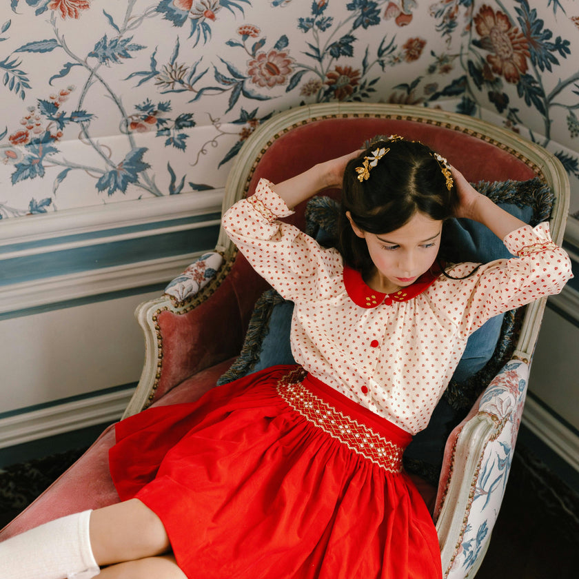 Marie Red Smocked Skirt & Blouse