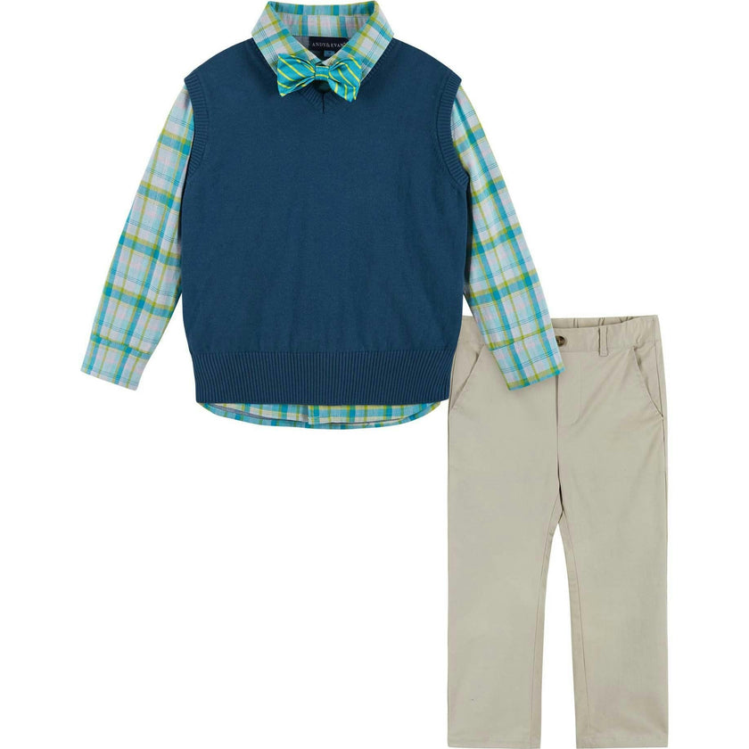 Boys 4-Piece Vest Set | Navy & Khaki Plaid