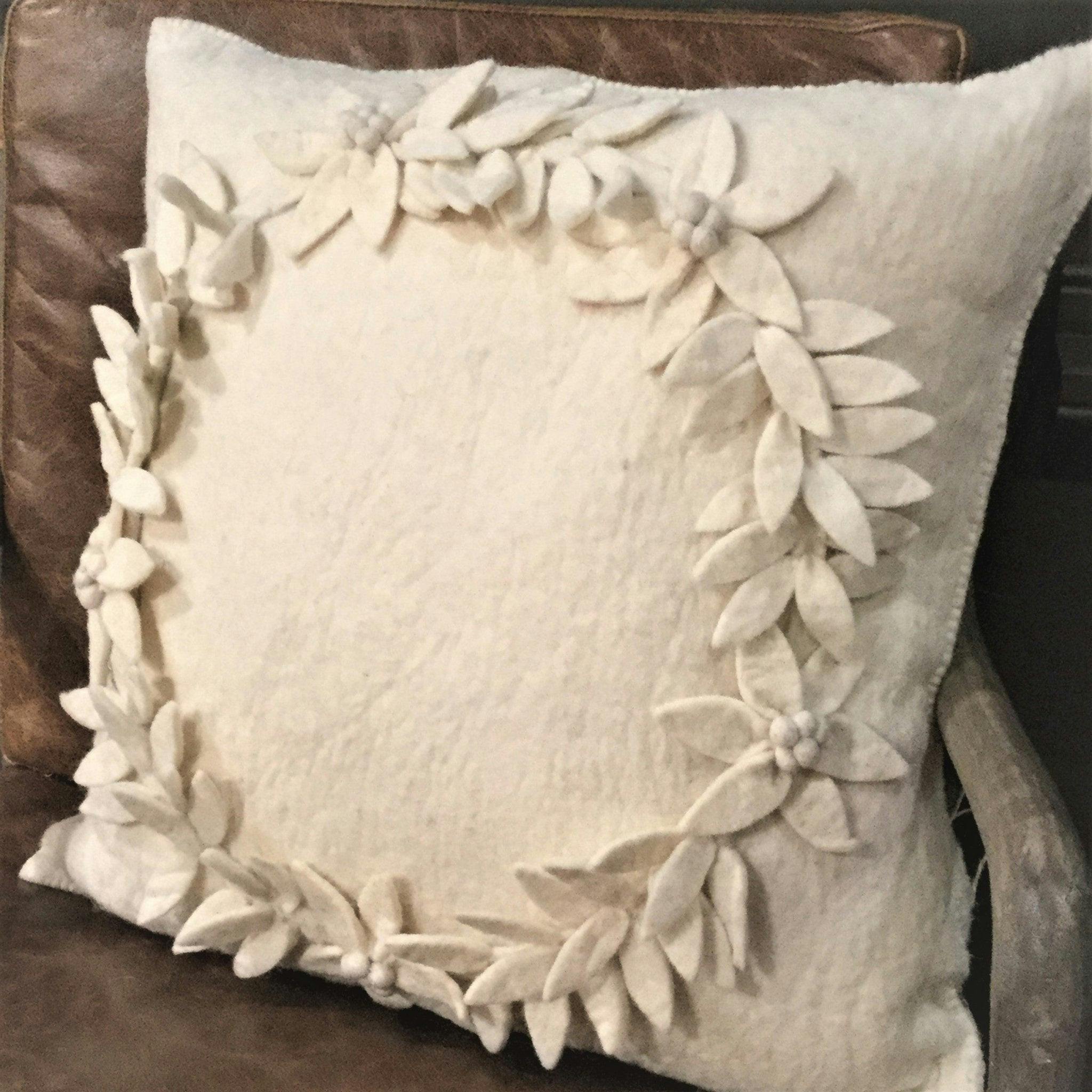 Hand Felted Wool Christmas Pillow, Cream Wreathâ 20