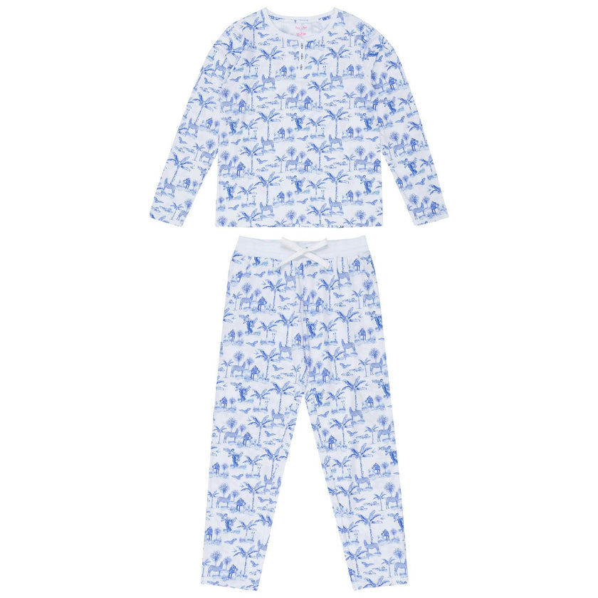 Women's Skydog Toile Blue Jersey Long PJ Set - Organic Stretch Cotton