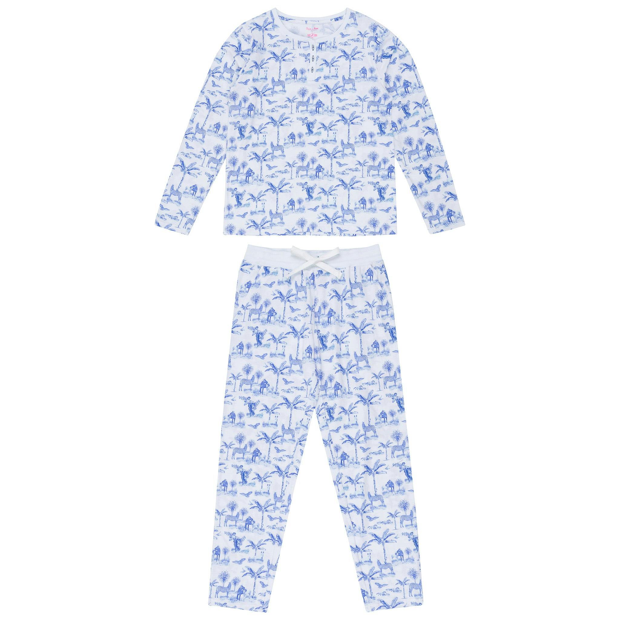 Women's Skydog Toile Blue Jersey Long PJ Set - Organic Stretch Cotton