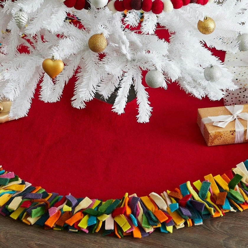 Handmade Felt Multicolor Fringe Border Red Wool Christmas Tree Skirt Arcadia Home