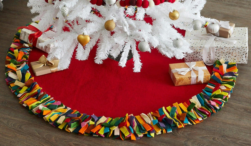 Handmade Felt Multicolor Fringe Border Red Wool Christmas Tree Skirt
