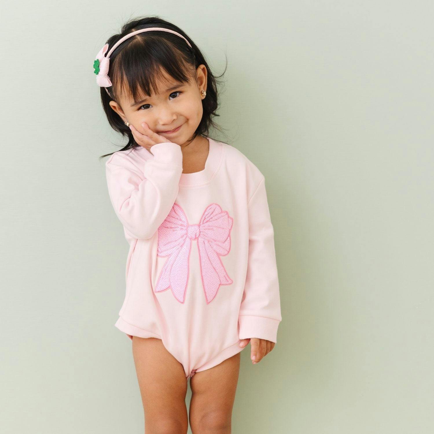 Pink Bow Sequin Patch Long Sleeve Romper