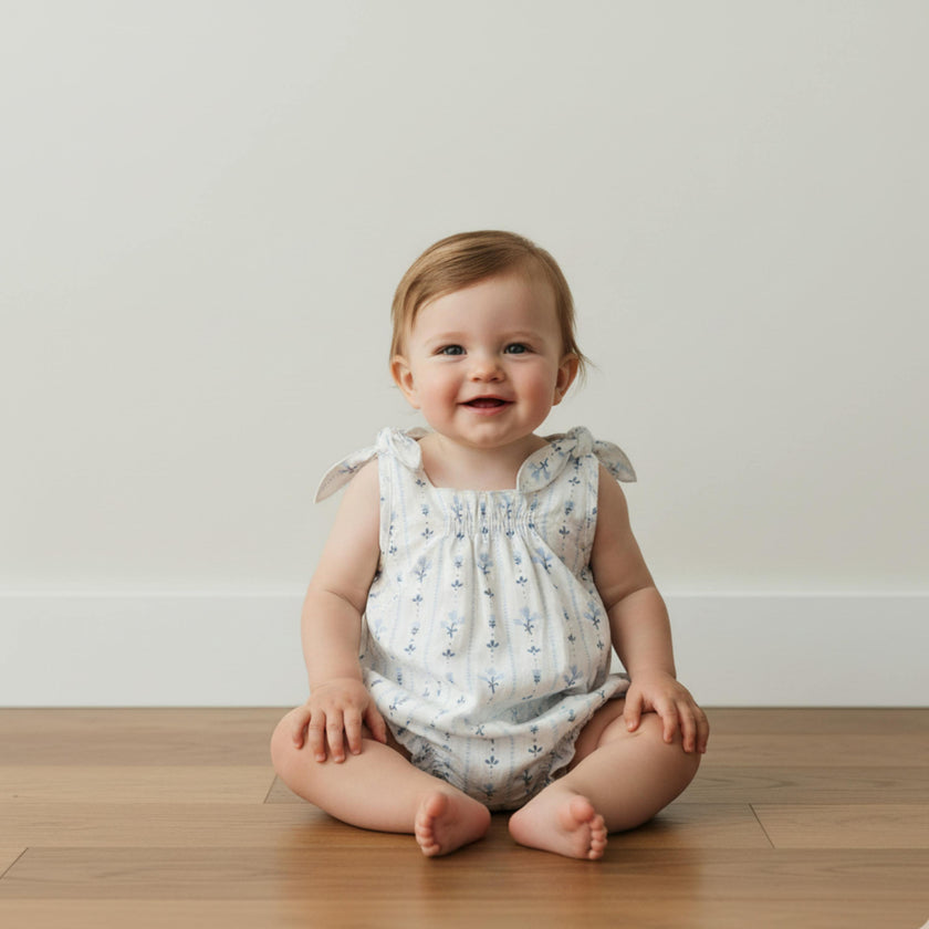 Organic Tie Shoulder Bubble Romper - Blue Vines
