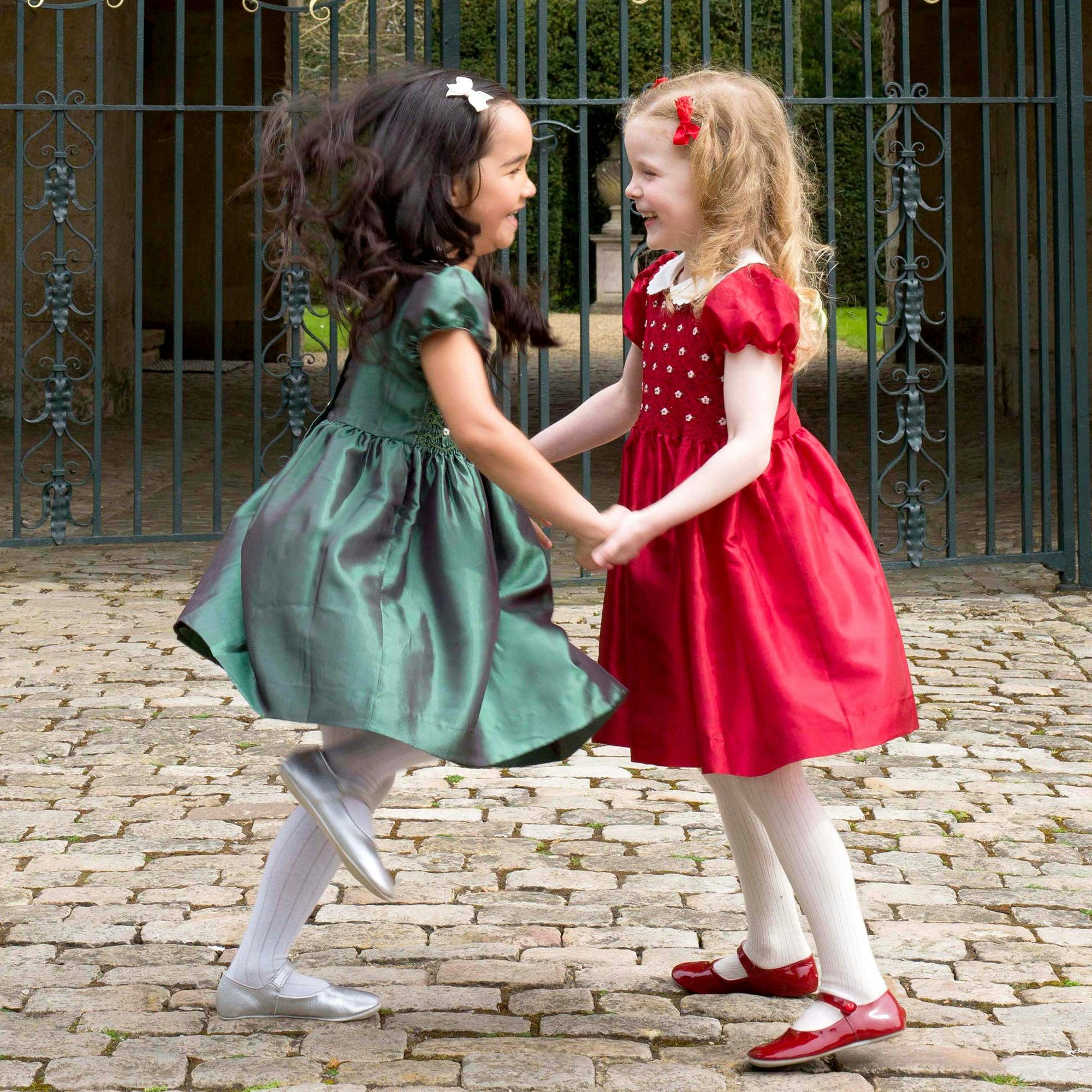 Green Taffeta Rosebud Smocked Dress