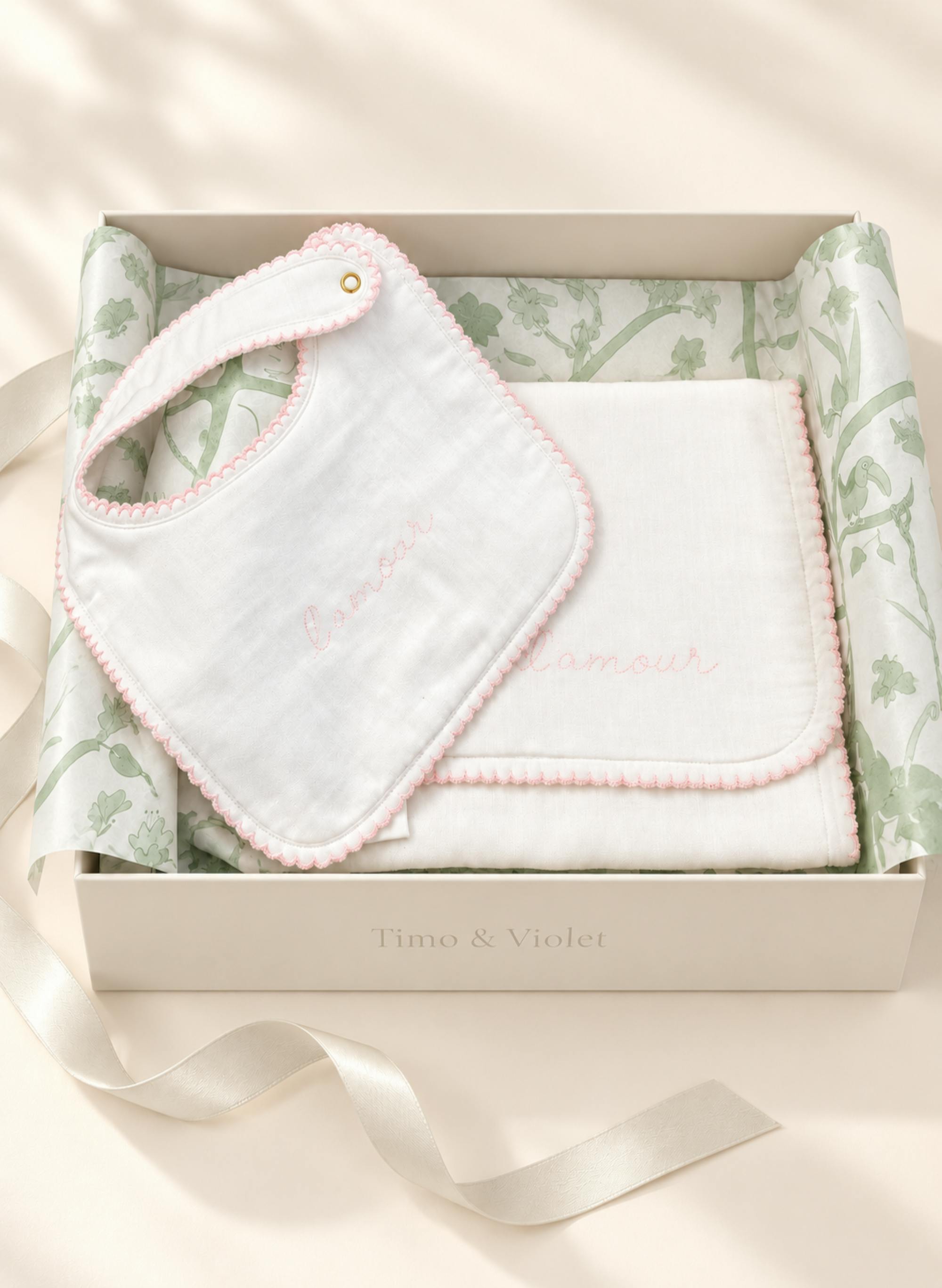 Bib & Burp Cloth Set - Embroidered Pink 