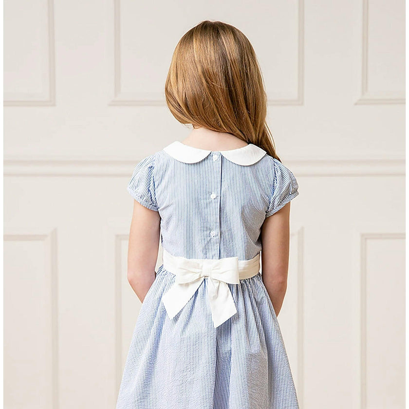 Organic Short Sleeve Seersucker Dress with Peter Pan Collar, Blue