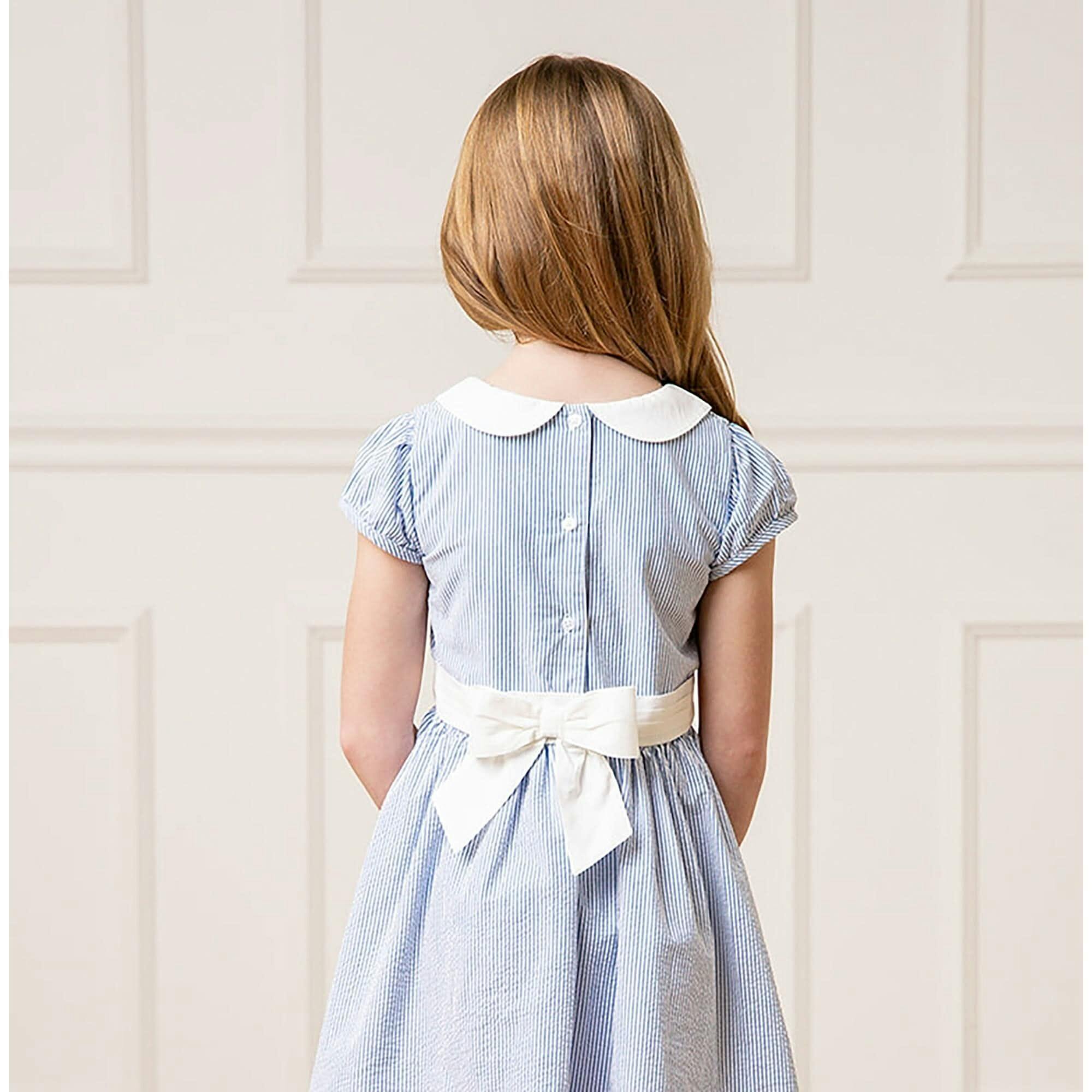 Organic Short Sleeve Seersucker Dress with Peter Pan Collar, Blue