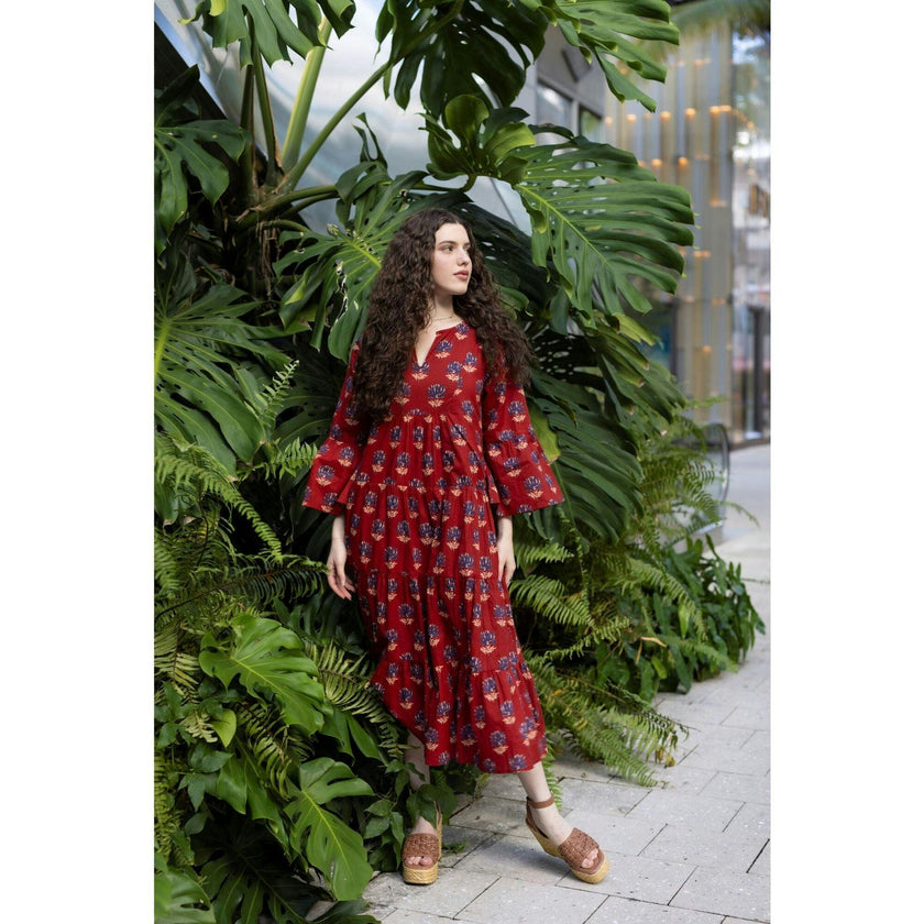 Women's Suri Bell Sleeve Tiered Skirt Maxi Dress, Red