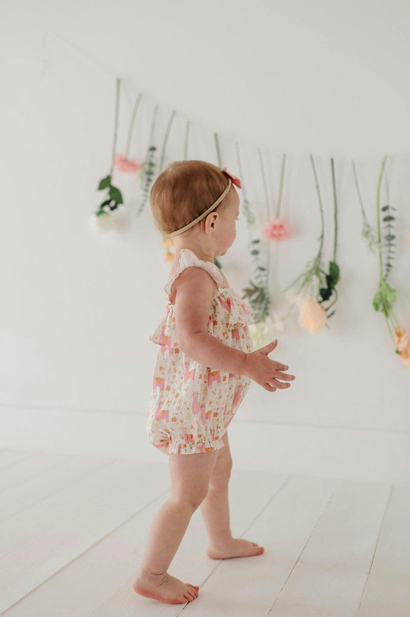 Baby Girl Gauze Bubble Romper in Sketched Daisy