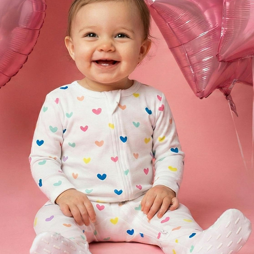 The Organic Zipper Footie [Rainbow Hearts]