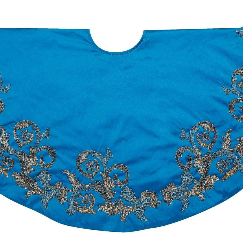 Hand Beaded Imperial Blue Silk Christmas Tree Skirt Blue 60" / 72" Arcadia Home