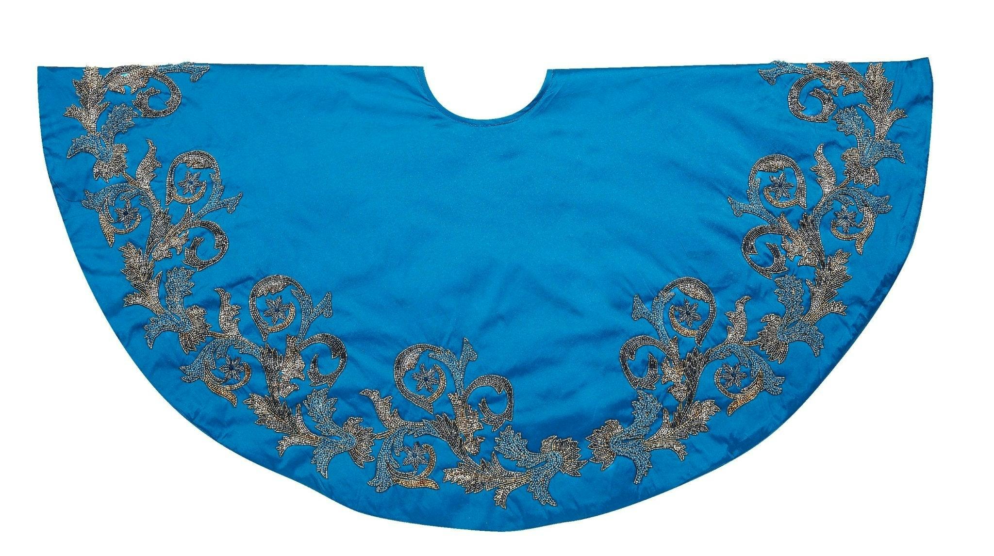 Hand Beaded Imperial Blue Silk Christmas Tree Skirt Blue 60