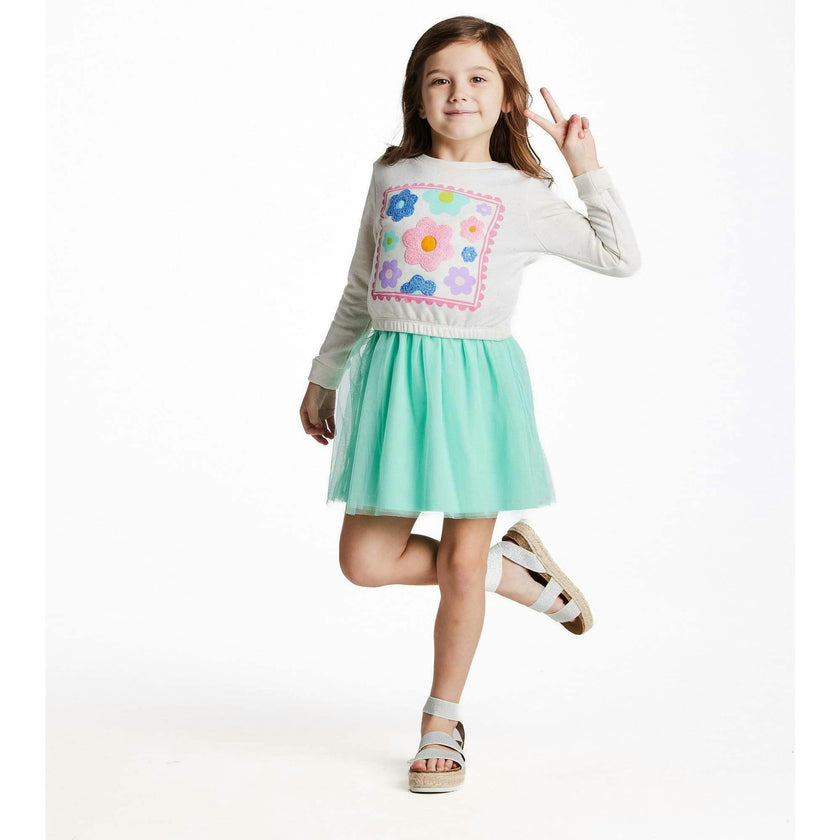 Girls Chenille Floral Sweatshirt & Tulle Tank Dress Set | Aqua