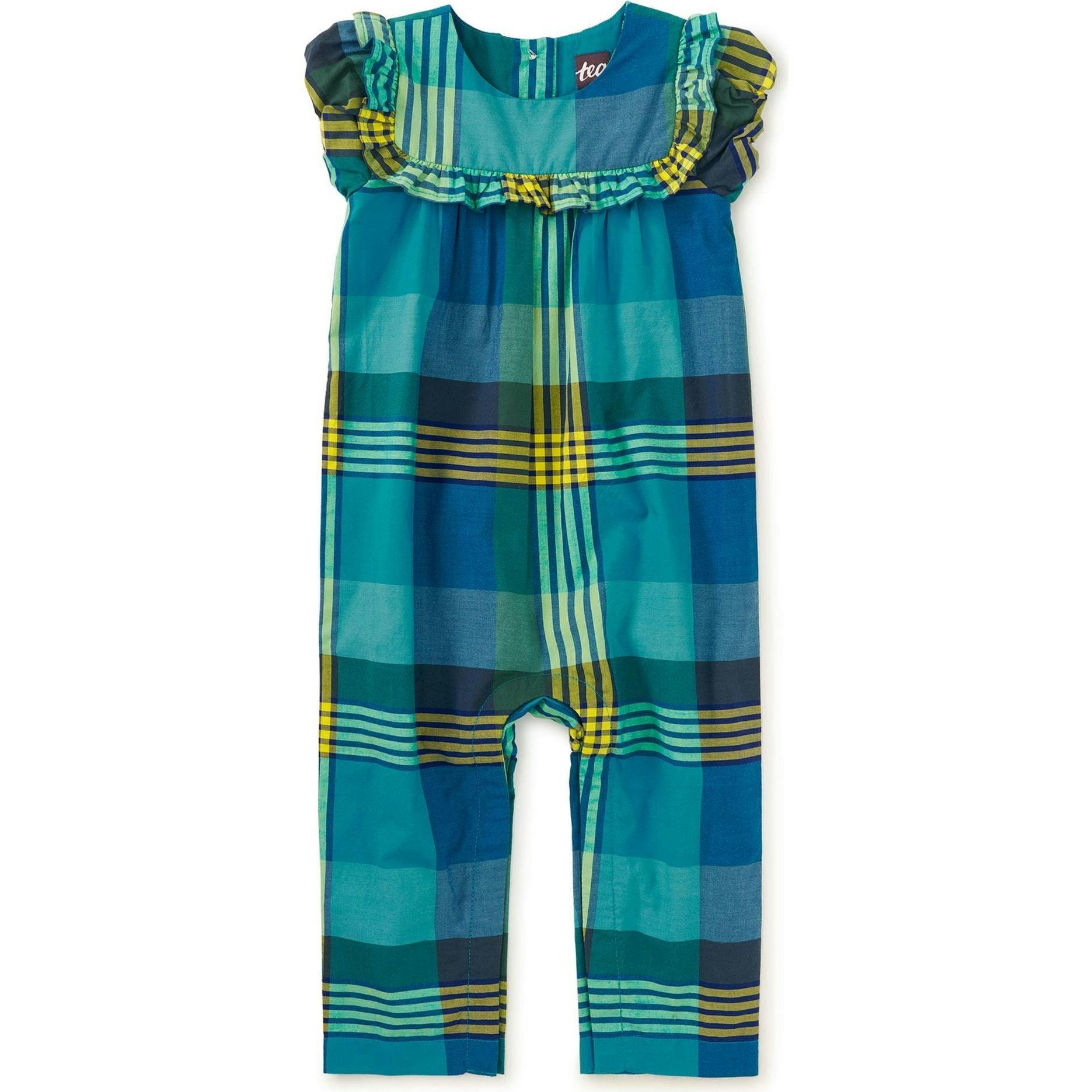 Woven Ruffle Baby Romper, Blue