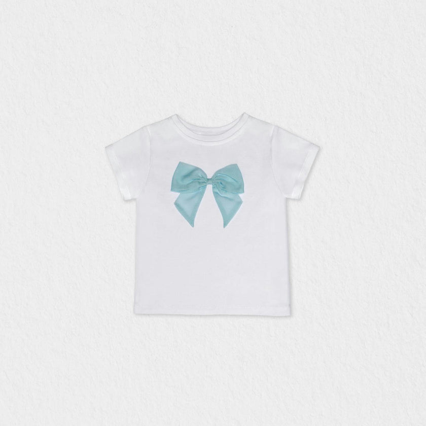 Cora Girl T-shirt Short Sleeve, White Aqua Tulle