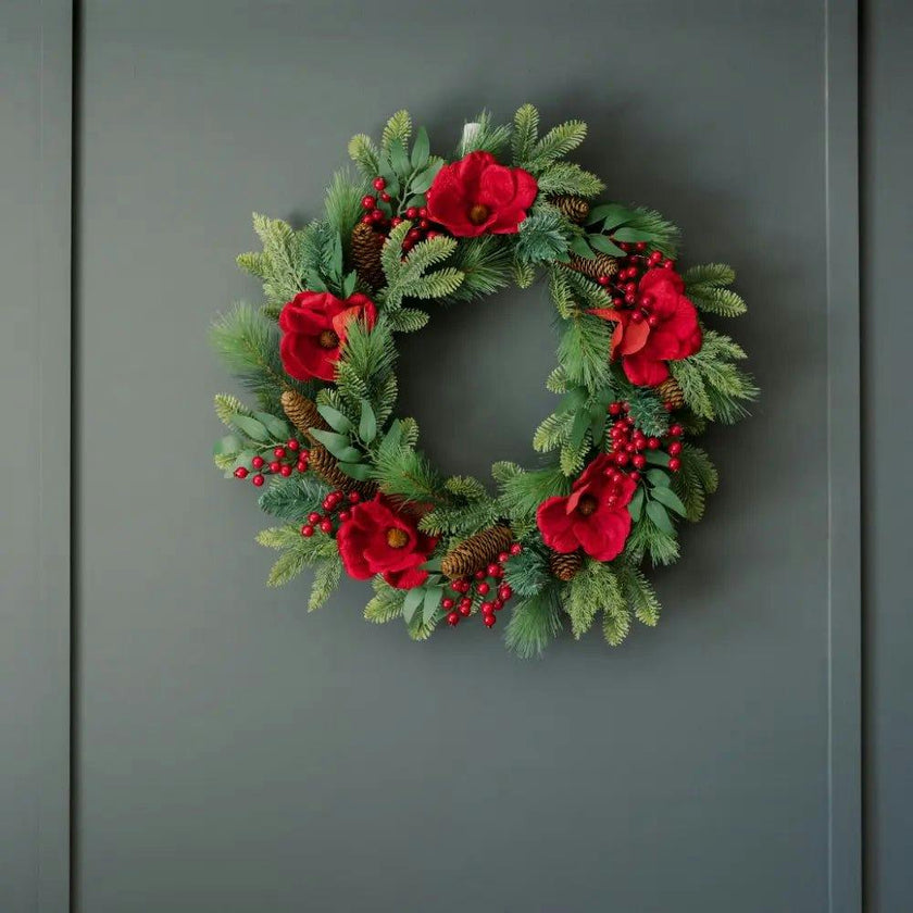 26" Red Magnolia, Pinecone & Berry Wreath Pre-Lit