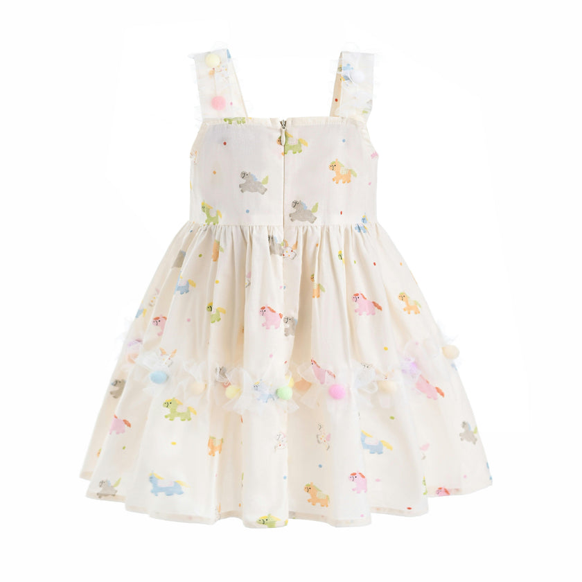 White Lunaria Animal Print Pom‑Pom Dress