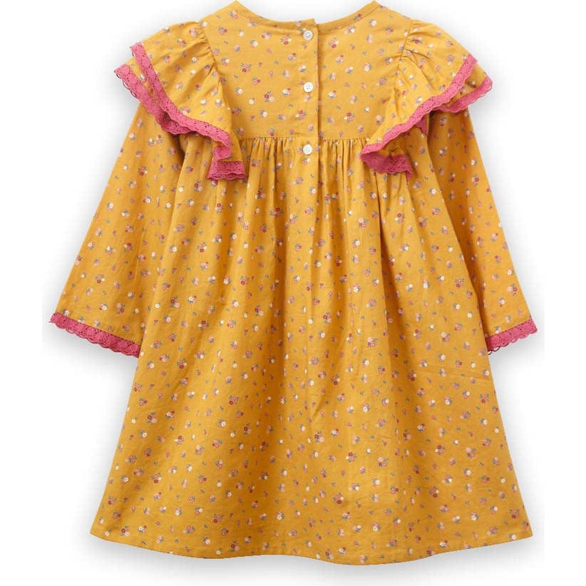 Toddler Long Flutter Sleeves Dress with Lace Trim