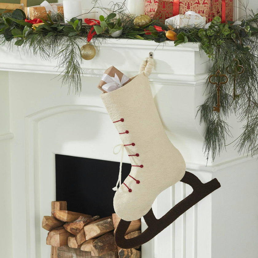 Ice Skate Hand Felted Wool Cream Christmas Stocking Skate