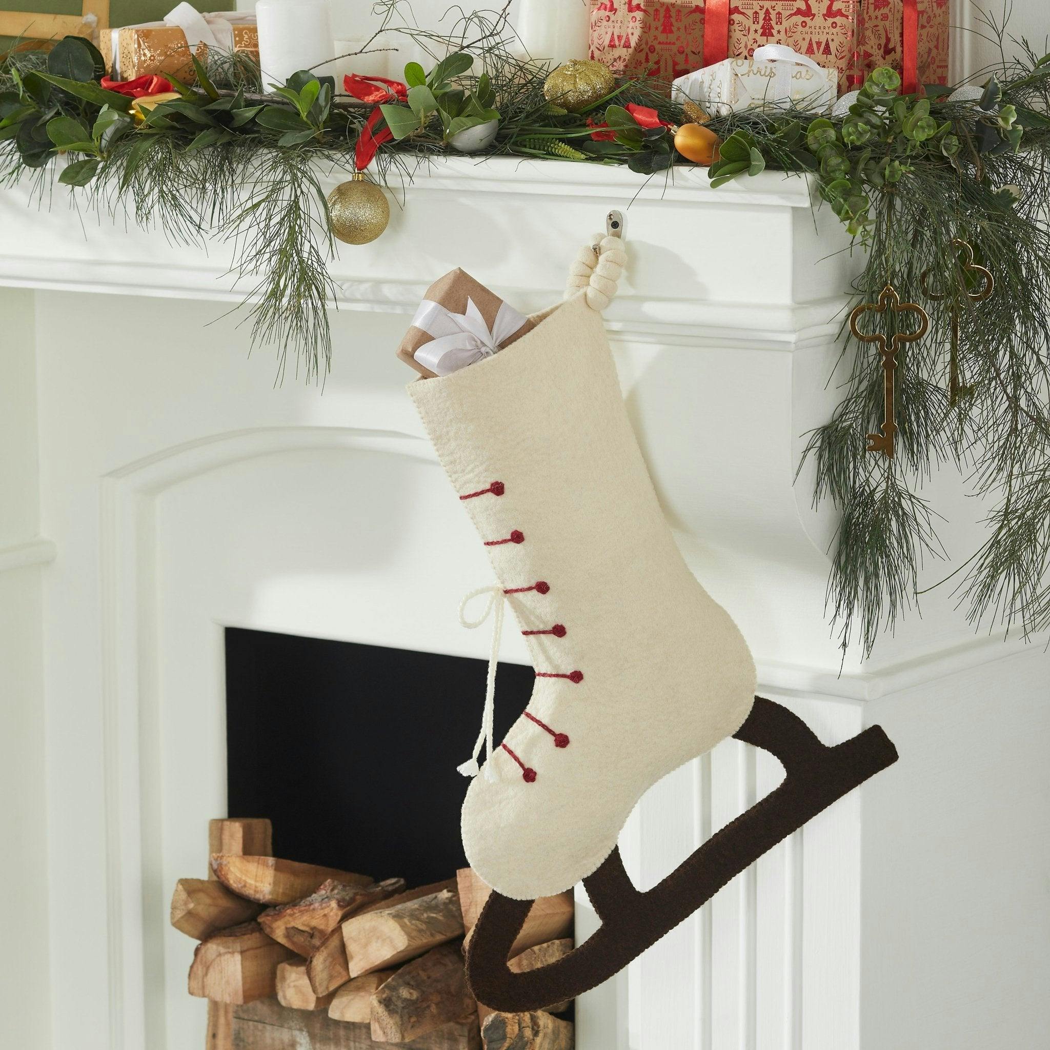 Ice Skate Hand Felted Wool Cream Christmas Stocking Skate Arcadia Home