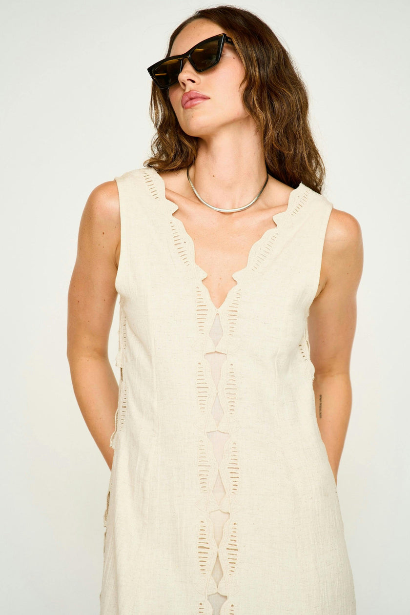Barcelona Dress in Oat Marine Eyelet