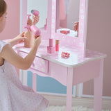 Daisy Gisele Wood Vanity with Tri-Fold Mirror and Drawer, Pink