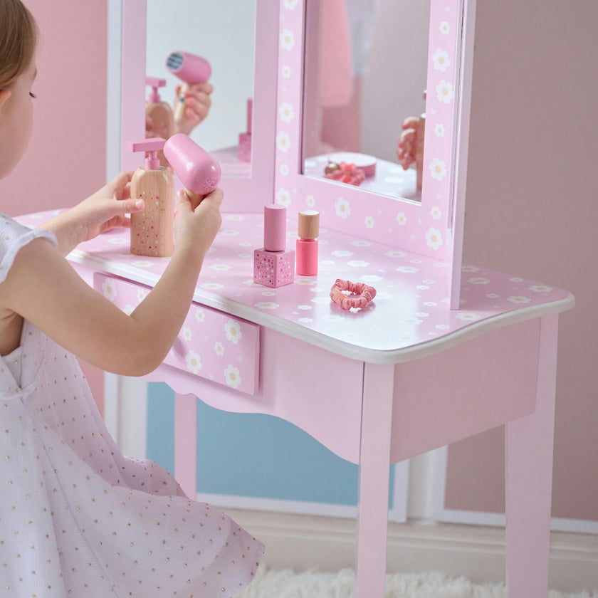 Daisy Gisele Wood Vanity with Tri-Fold Mirror and Drawer, Pink