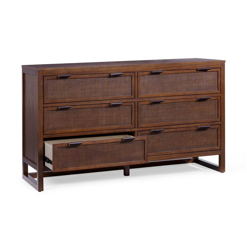 Hatteras Dresser with 6 Rattan Inset Drawers, Faux Leather Pulls & Deep Storage