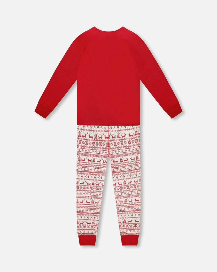 Adult Men Organic Cotton Two-Piece Pajama Set Red and White Fairisle
