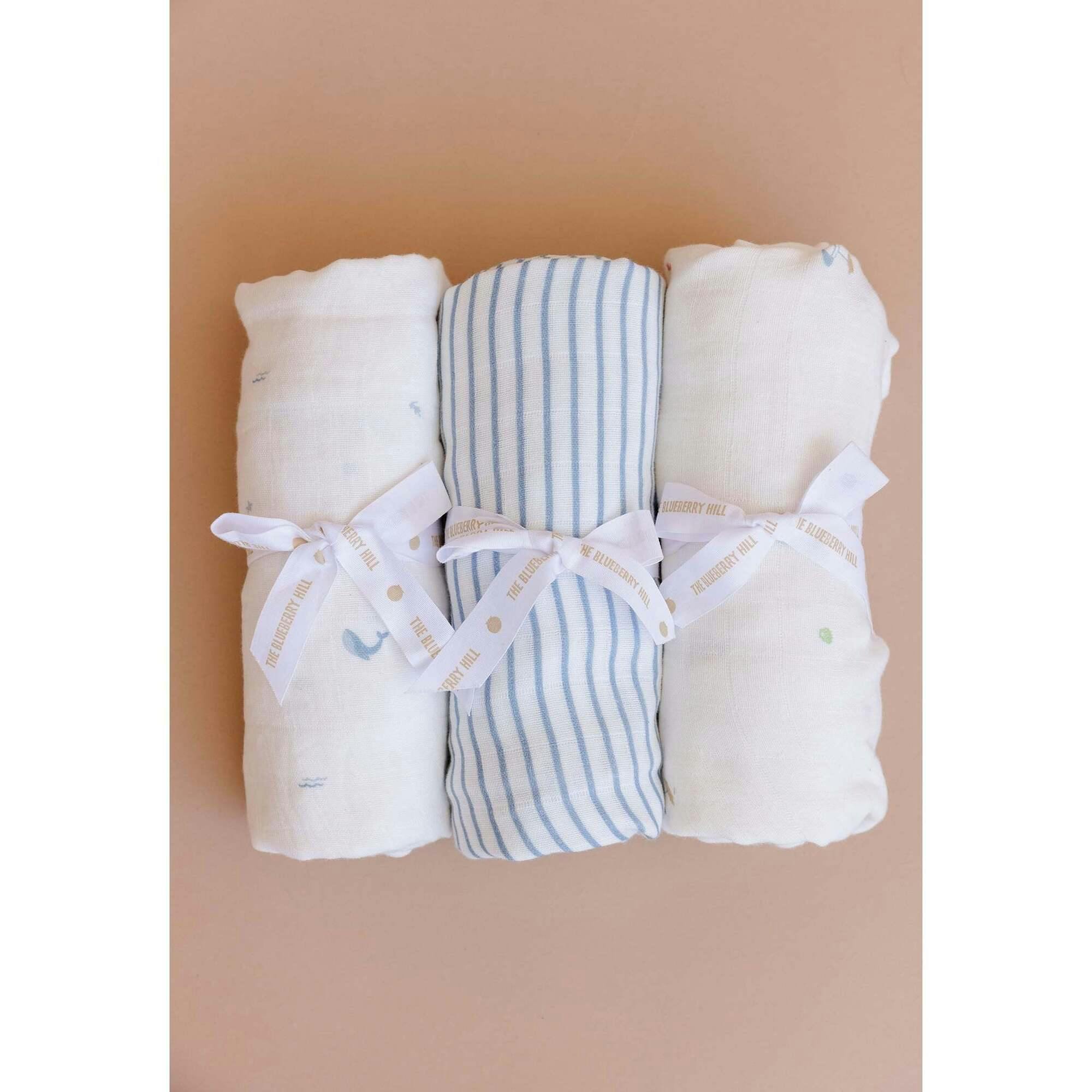 Blue Stripe Swaddle and Lovey Set - Cream Bear