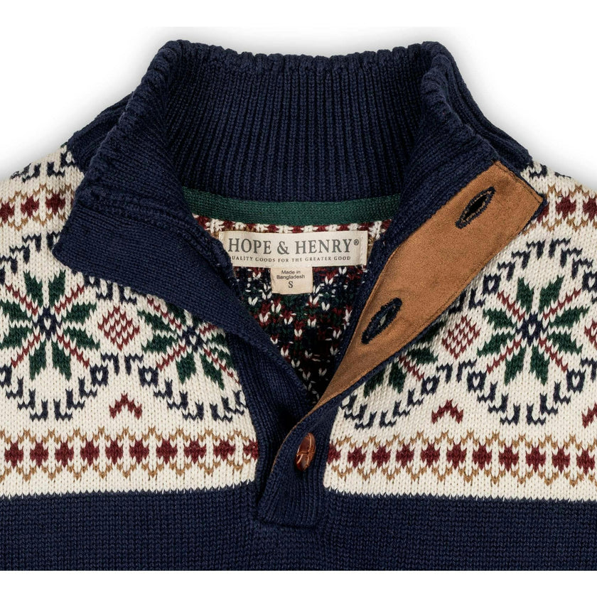 Organic Mock Neck Intarsia Sweater, Blue