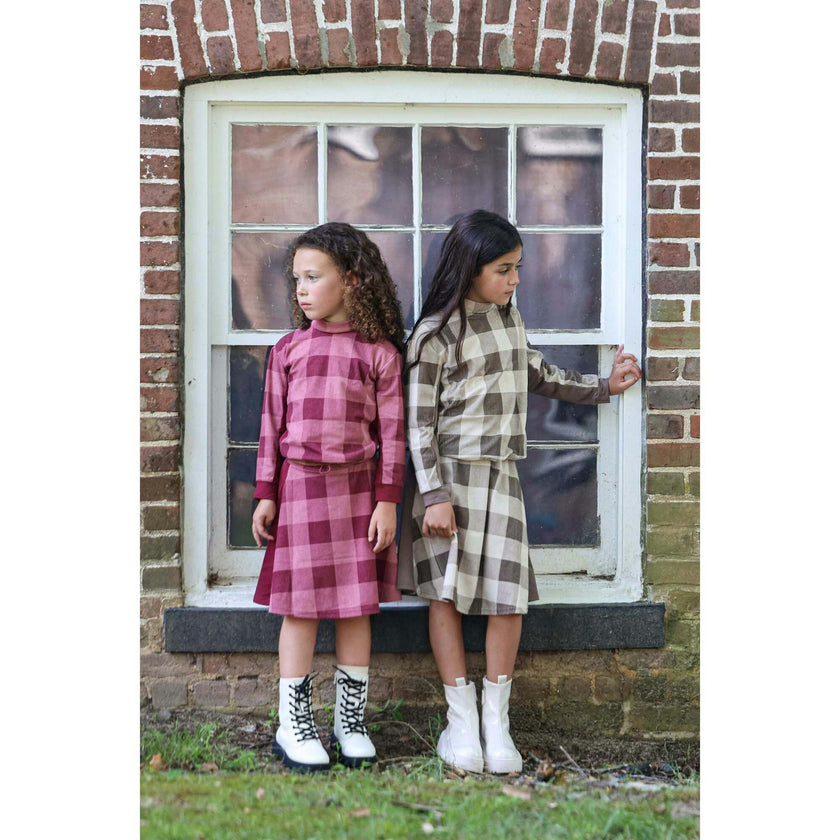 Corduroy Plaid Panel Solid Side A-Line Short Skirt