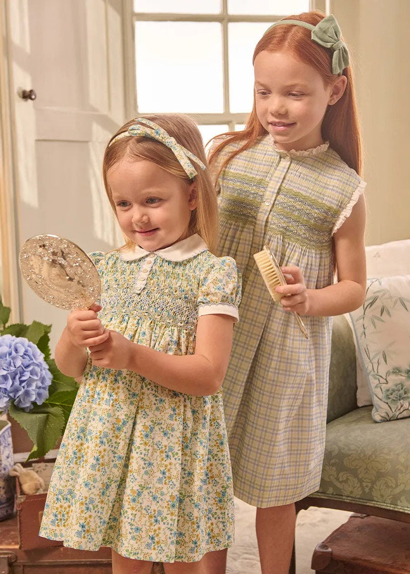 Louisa Floral Hand Smocked Short Sleeve Dress in Blue (18mths- 10yrs)